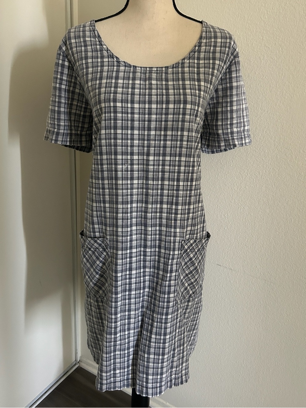 Vintage Plaid Linen Cotton Blend Midi Shift Dress Large Lagenlook Prairie Rustic